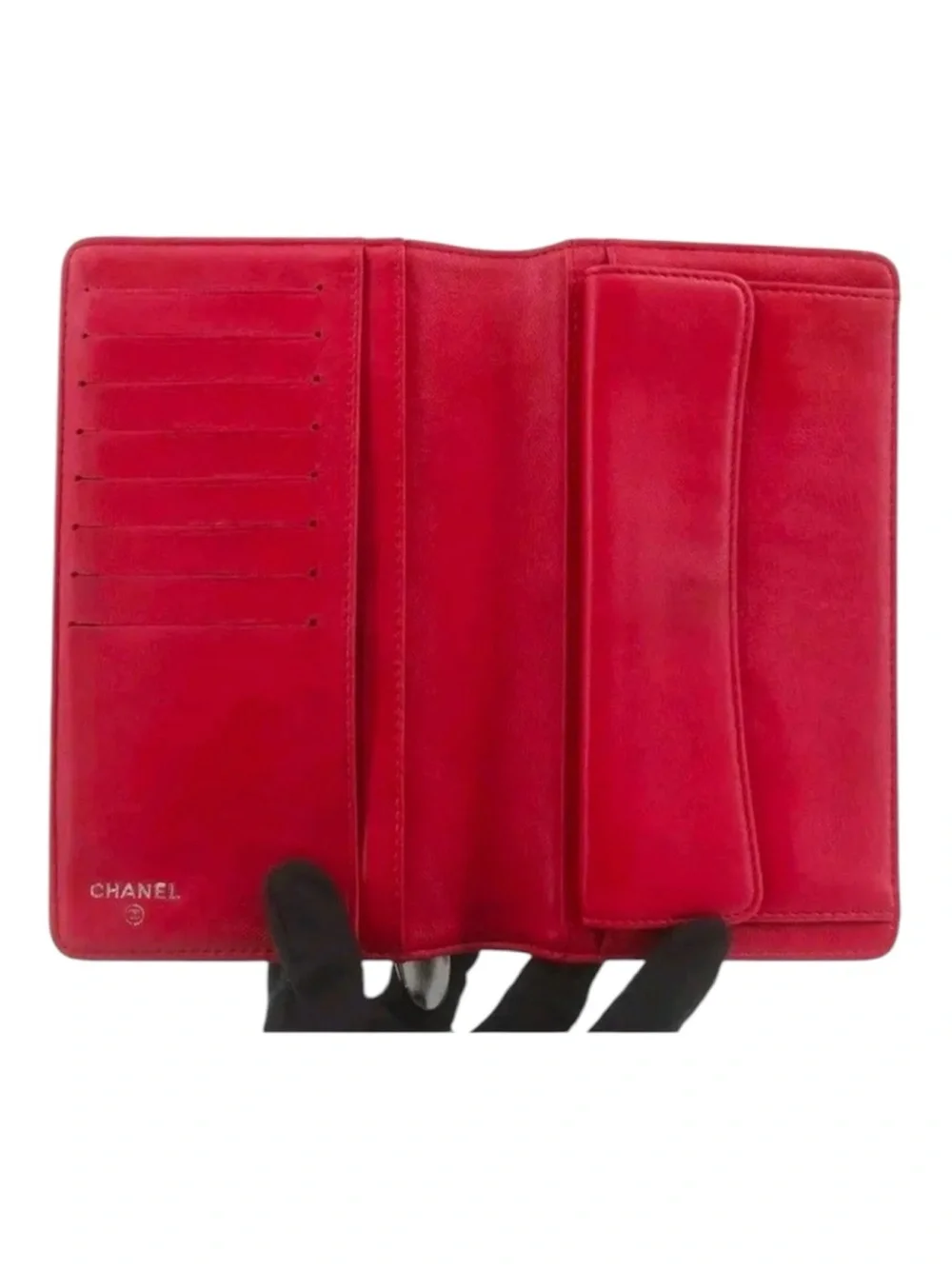 Chanel Cambon Bow Long Flap Wallet Red Suede Leather Silver Hardware